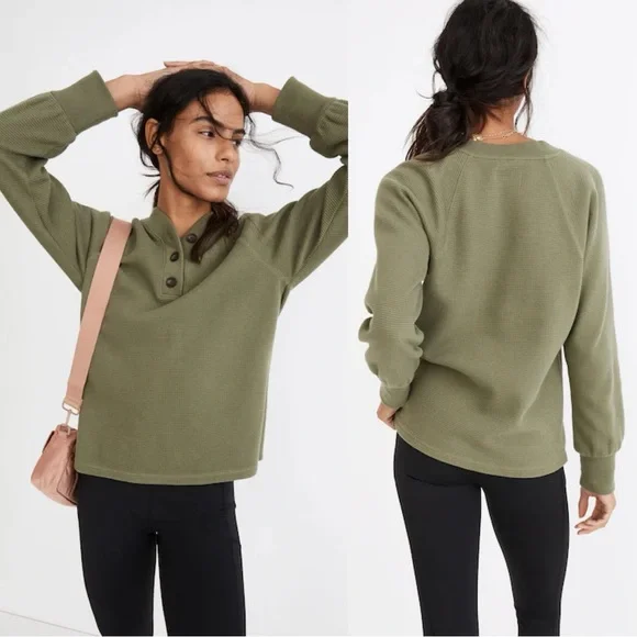 Madewell Women’s MWL Textured Waffle V-Neck Henley Sweatshirt in Faded Palm M - Picture 2 of 12